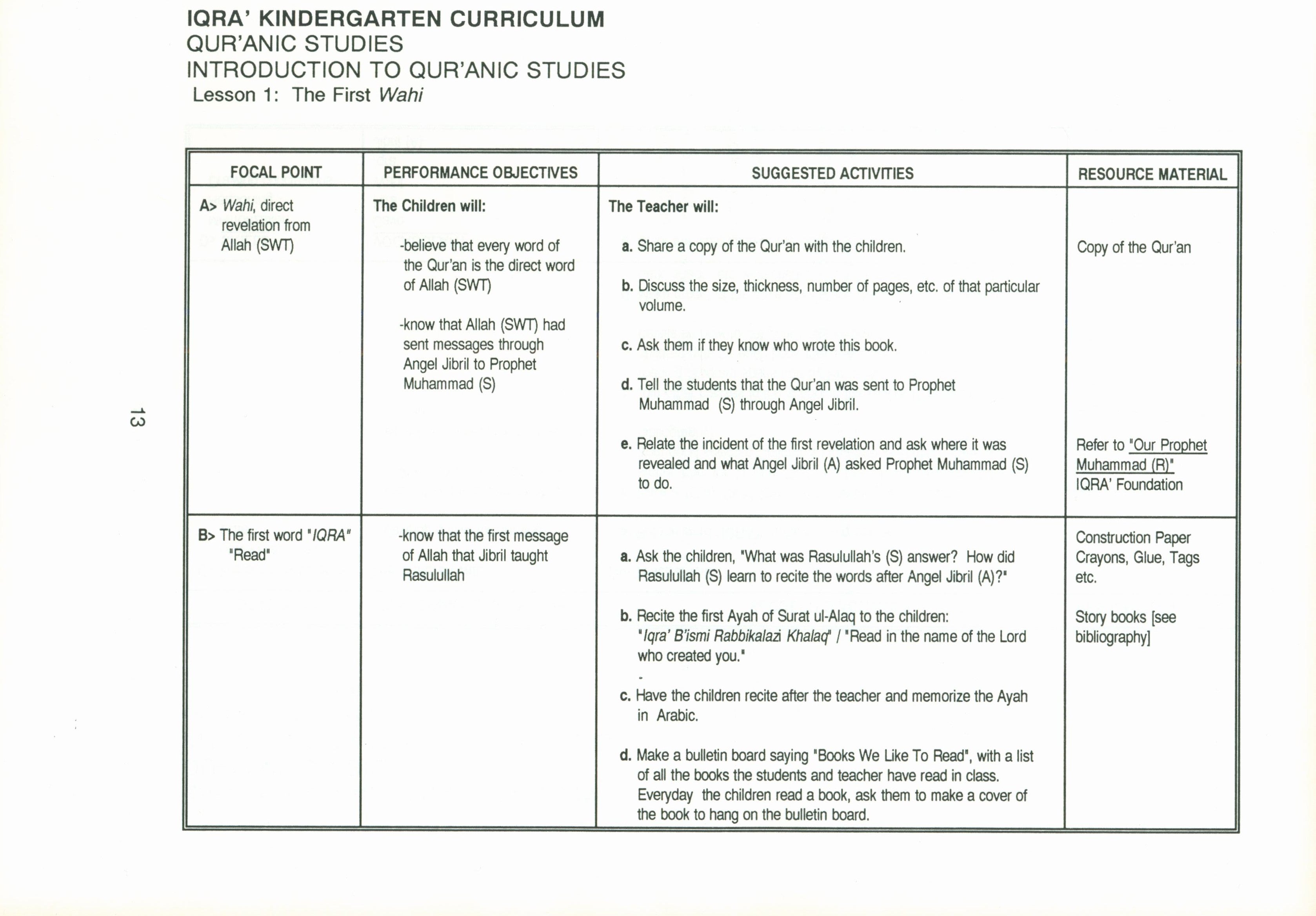 IQRA' Kindergarten Curriculum Volume 3 - Qur'anic Studies