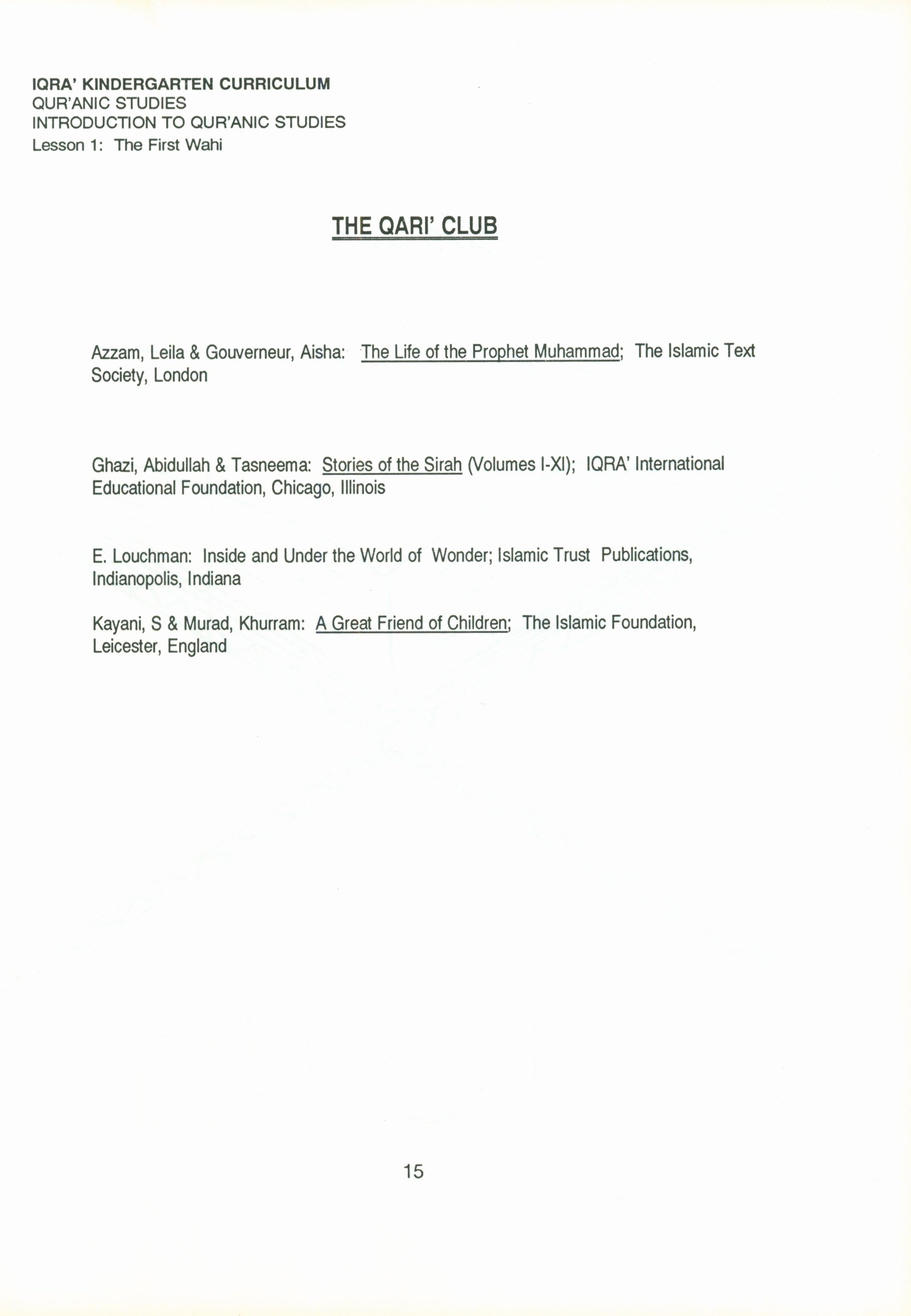 IQRA' Kindergarten Curriculum Volume 3 - Qur'anic Studies