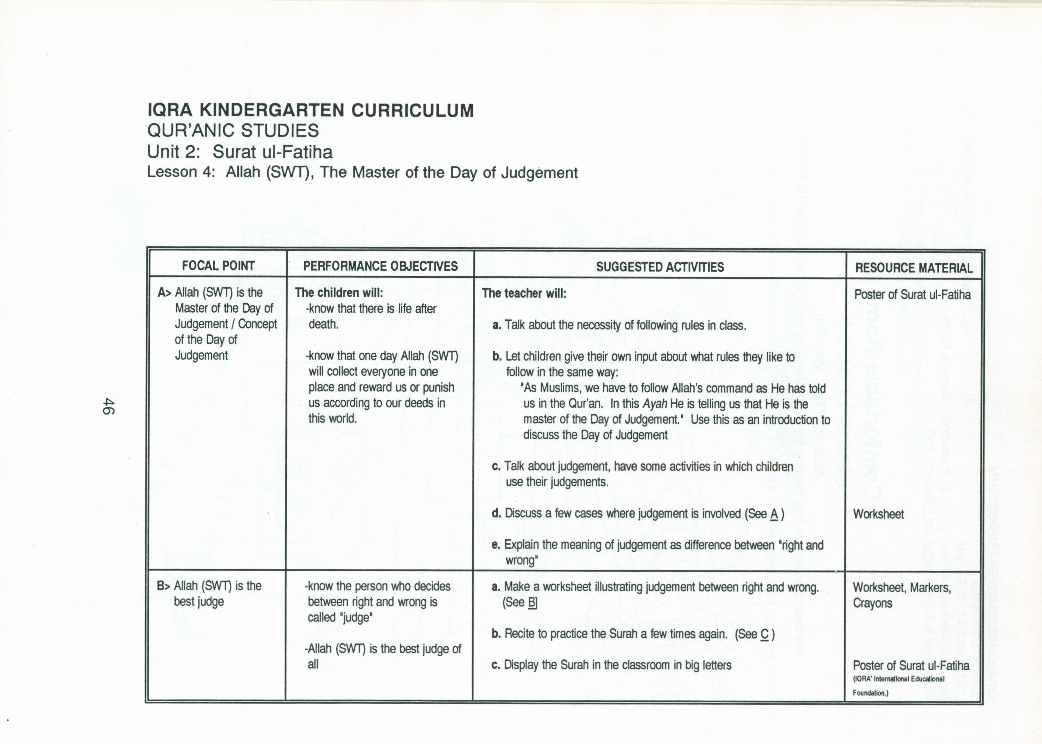 IQRA' Kindergarten Curriculum Volume 3 - Qur'anic Studies