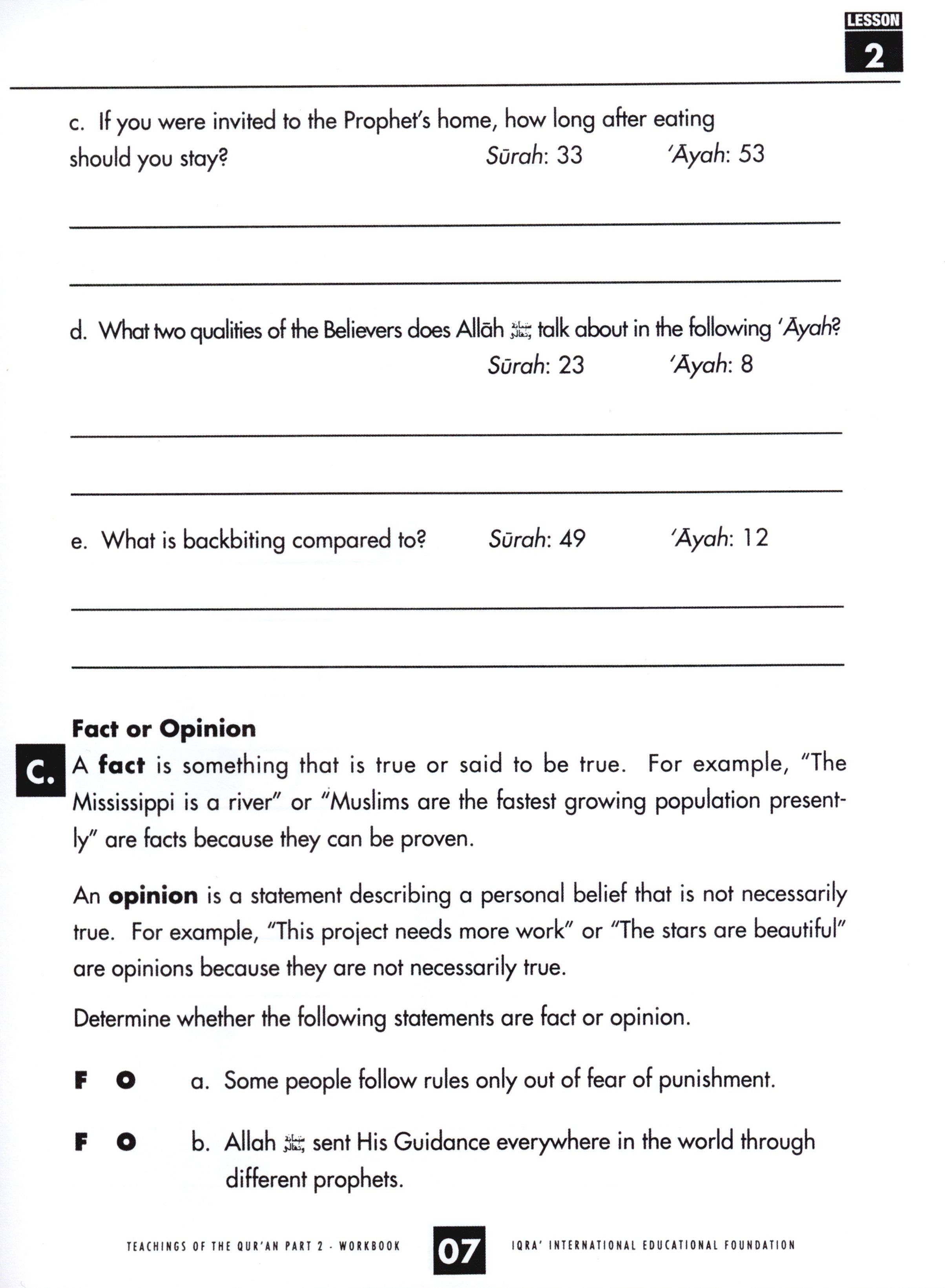 Teachings of the Qur'an Workbook Volume 2