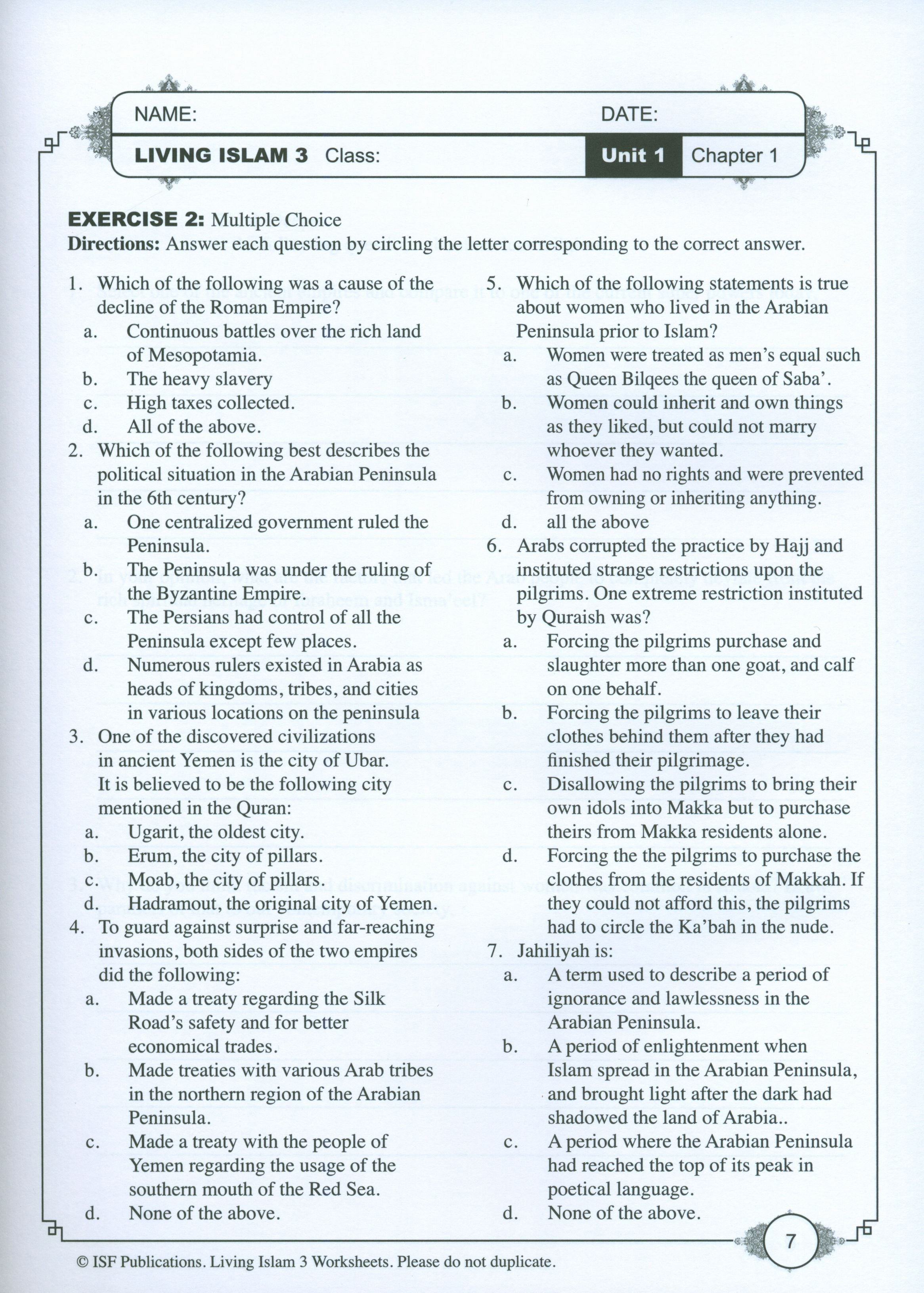 Living Islam Worksheets Level 3 - Prophet of Mercy (10th Grade)