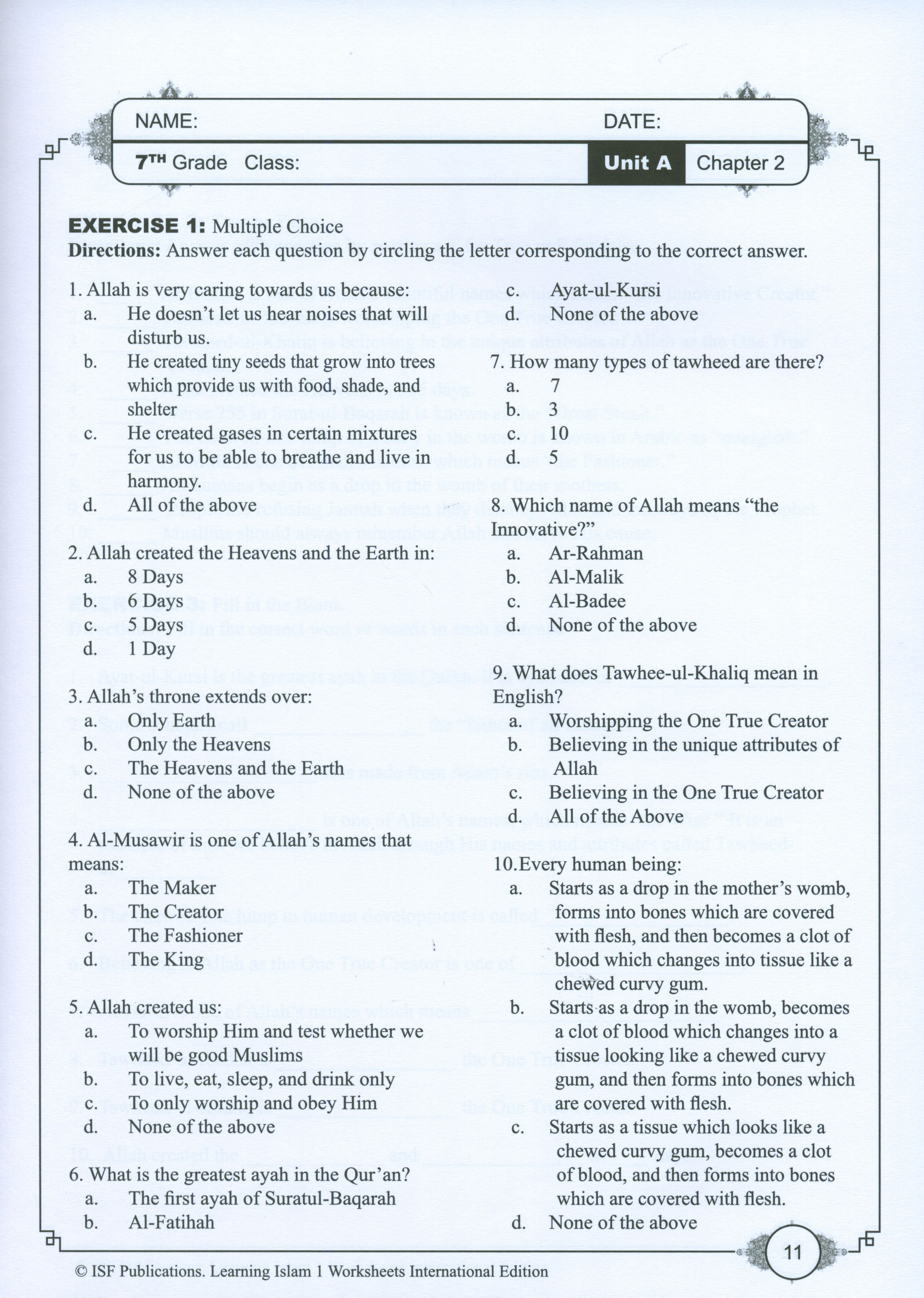 Learning Islam Weekend Edition Worksheets Level 1 (6th Grade)