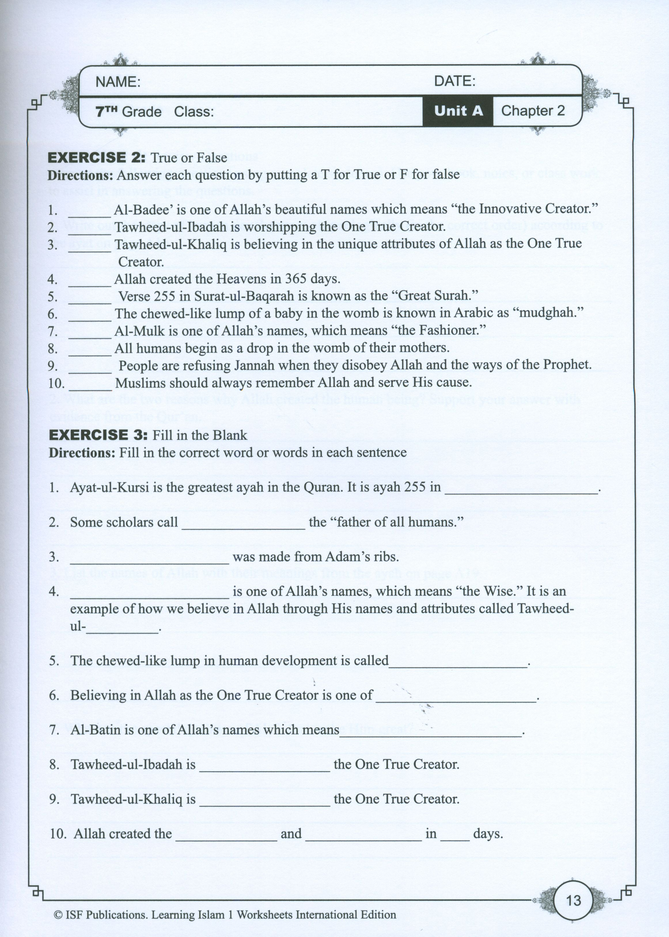 Learning Islam Weekend Edition Worksheets Level 1 (6th Grade)